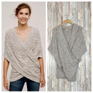 Anthropologie M L Cabled Crossover Wrap Sweater Gray Knit Poncho Boho Cozy